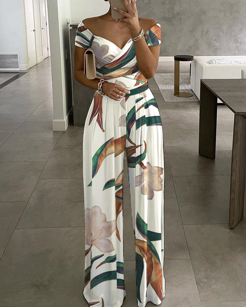 Plants Print Sweetheart Neck Short Sleeve Overalls Causal Ruched Wide Leg Jumpsuit