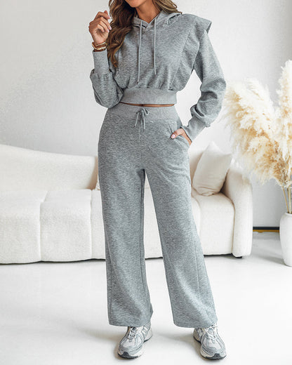 2 Pieces Outfit Long Sleeve Crop Drawstring Hoodie Sweatshirt With Thumb Hole Cuffs And Casual Drawstring Elastic Waist Wide Leg Sweatpants Set