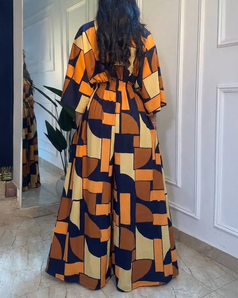 Colorblock Geometric Print V-Neck Batwing Sleeve Ruched Waist Overalls Casual Cinched Waist Wide Leg Jumpsuit