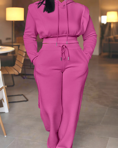 2 Pieces Outfit Long Sleeve Crop Drawstring Hoodie Sweatshirt With Thumb Hole Cuffs And Casual Drawstring Elastic Waist Wide Leg Sweatpants Set