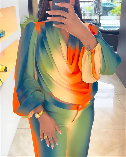 2 Pieces Outfit Cowl Neck Puff Sleeve Loose Fit Top and Zipper Fly Elastic Back Waist Wide Leg Pants Set Casual Tie Dye Print Set