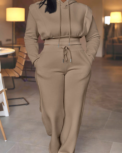 2 Pieces Outfit Long Sleeve Crop Drawstring Hoodie Sweatshirt With Thumb Hole Cuffs And Casual Drawstring Elastic Waist Wide Leg Sweatpants Set