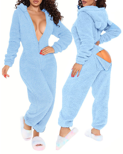 3D Ear Buttoned Flap Functional Fluffy Lounge Jumpsuit