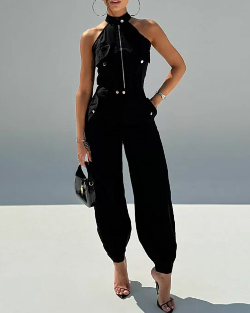 2 Pieces Outfits Sleeveless High Neck Cargo Pockets Design Top And Casual Cuffed Long Pants Set