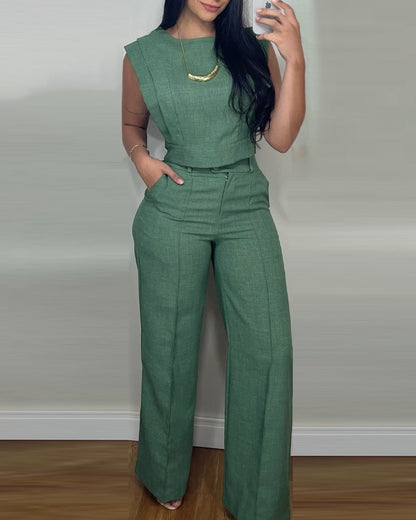 2 Pieces Outfit 3D Cutting Decor Design Cap Sleeve Hollow-out Back Crop Top and Casual Zipper Fly Seam Front Straight Pants Set