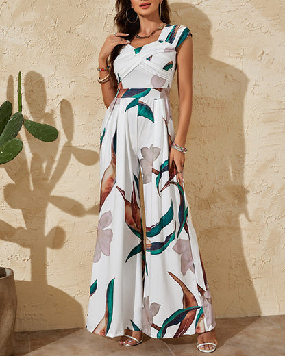 Plants Print Sweetheart Neck Short Sleeve Overalls Causal Ruched Wide Leg Jumpsuit