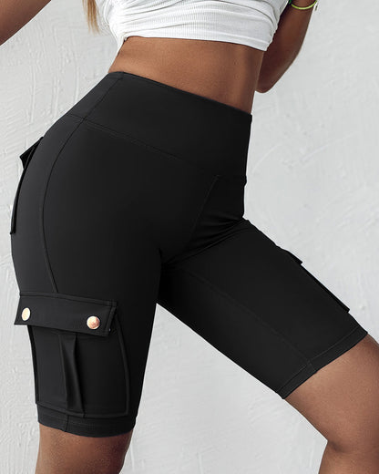 Tummy Control Butt Lifting Active Shorts High Waist Flap Pocket Workout Bermuda Cargo Running Shorts