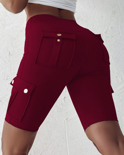 Tummy Control Butt Lifting Active Shorts High Waist Flap Pocket Workout Bermuda Cargo Running Shorts