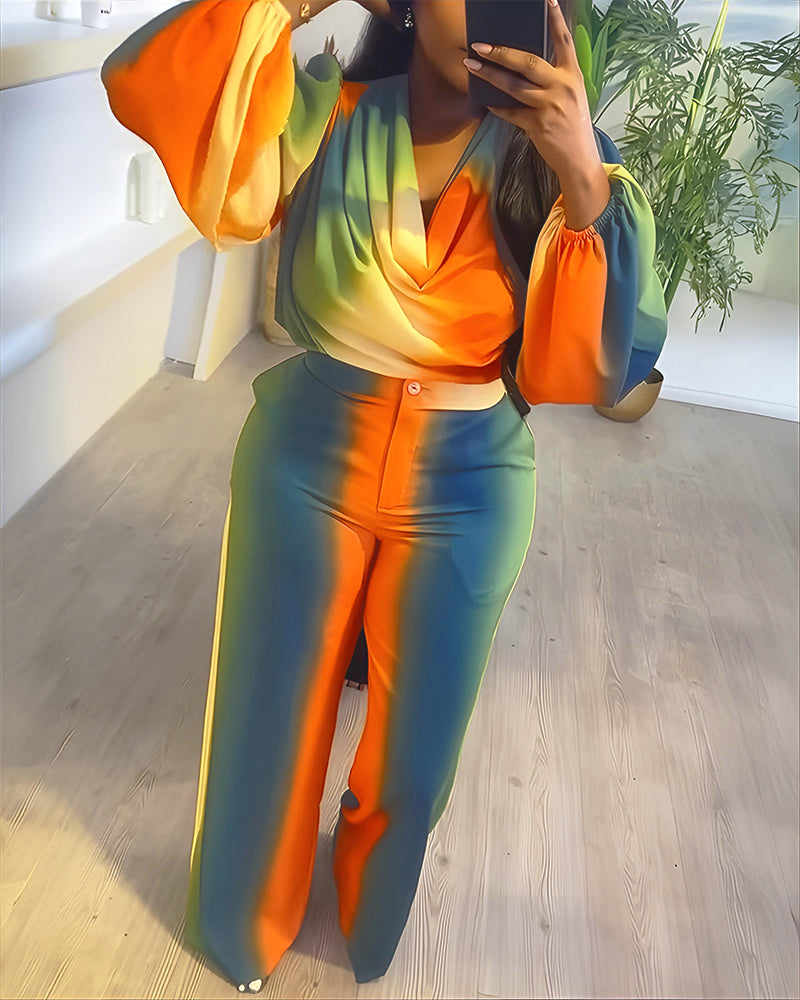 2 Pieces Outfit Cowl Neck Puff Sleeve Loose Fit Top and Zipper Fly Elastic Back Waist Wide Leg Pants Set Casual Tie Dye Print Set