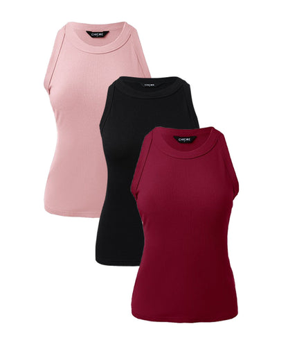3 Pack Knit Round Neck Thick Strap Racerback Tank Tops(Without Pads)