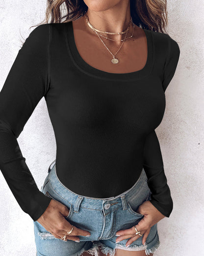 Chicme Built In Bra U Neck Long Sleeve Ribbed Top