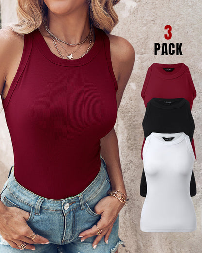3 Pack Knit Round Neck Thick Strap Racerback Tank Tops(Without Pads)