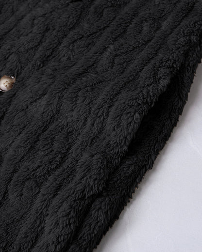 Cable Textured Lapel Neck Button Front Pocket Design Thermal Teddy Coat