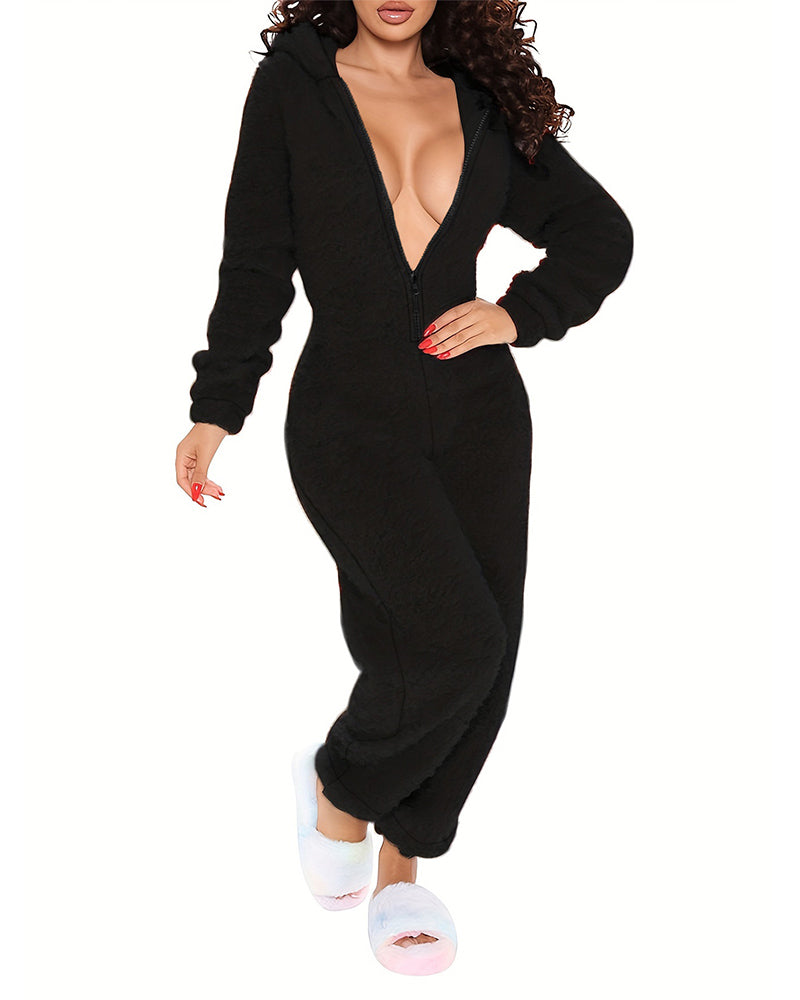 3D Ear Buttoned Flap Functional Fluffy Lounge Jumpsuit