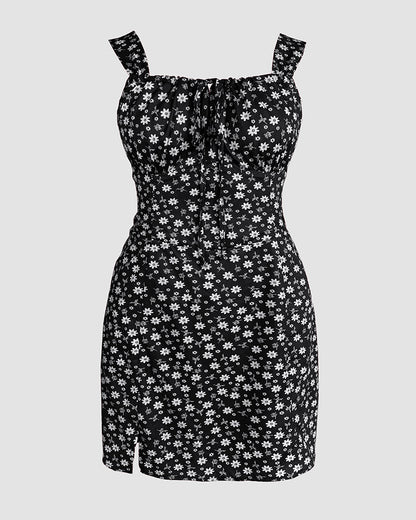 Floral Print Square Neck Thick Strap Tied Detail Romper Casual Shirred Lace-up Back Slit Skort Romper