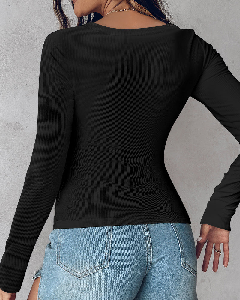Chicme Built In Bra U Neck Long Sleeve Ribbed Top