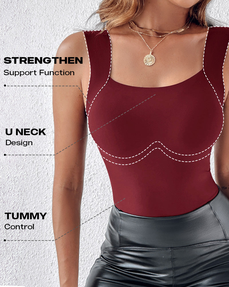 U-Neck Sleeveless Tank Seamless Skinny Layering Top with Built-In Bra