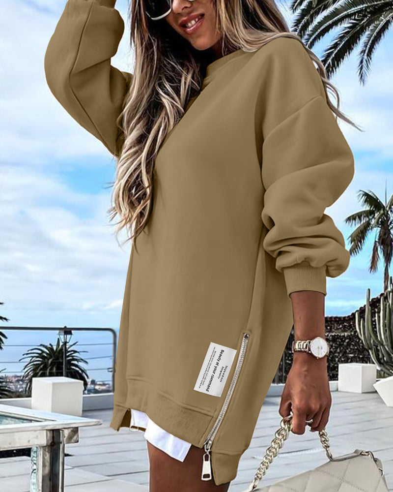 Letter Patch Detail Long Sleeve Drop Shoulder Pullover Sweatshirt Casual Zipper Side Slit Top