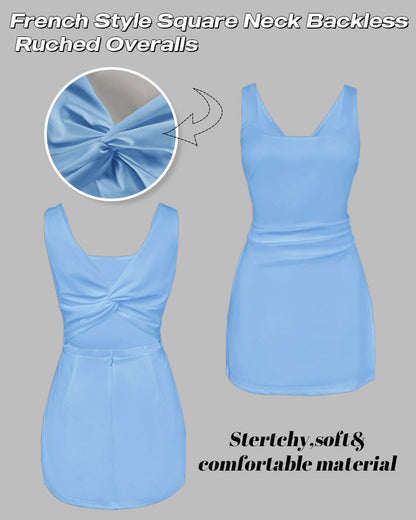 French Style Square Neck Backless Zipper Back Overalls Twist Back Ruched Slim Fit Slit Faux Two-Piece Skort Romper