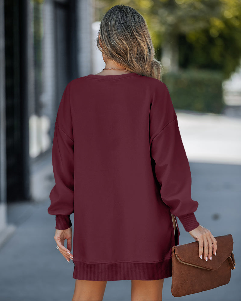 Letter Patch Detail Long Sleeve Drop Shoulder Pullover Sweatshirt Casual Zipper Side Slit Top