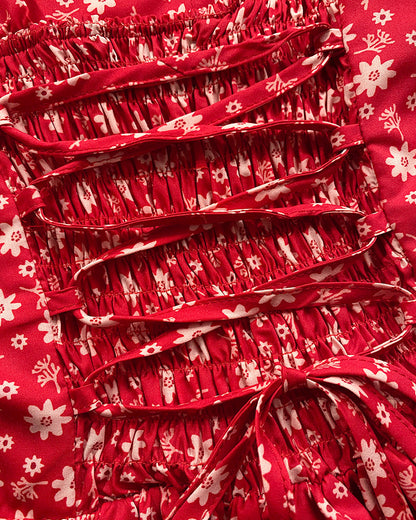 Floral Print Square Neck Thick Strap Tied Detail Romper Casual Shirred Lace-up Back Slit Skort Romper