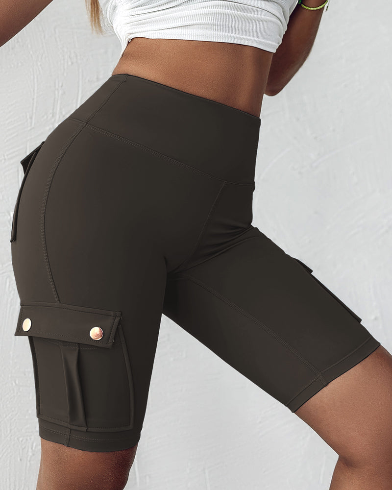 Tummy Control Butt Lifting Active Shorts High Waist Flap Pocket Workout Bermuda Cargo Running Shorts