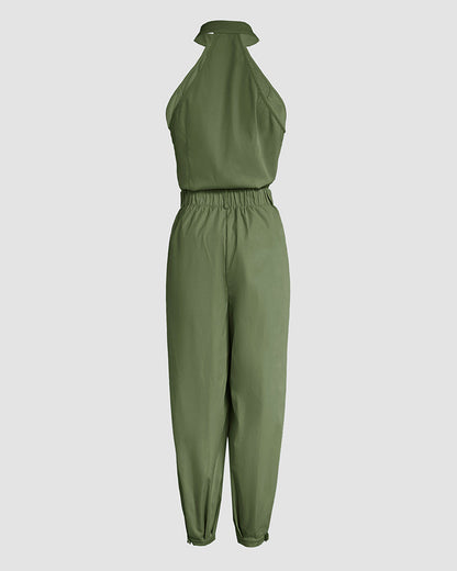 2 Pieces Outfits Sleeveless High Neck Cargo Pockets Design Top And Casual Cuffed Long Pants Set