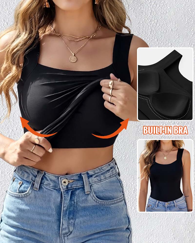 U-Neck Sleeveless Tank Seamless Skinny Layering Top with Built-In Bra
