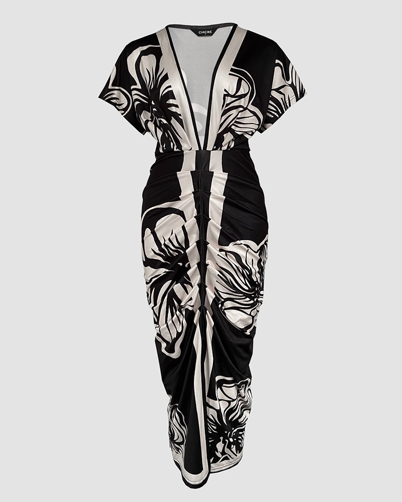 Floral Print Deep V Neck Short Sleeve Ruched Maxi Dress Casual Slit Front Vacation Dress