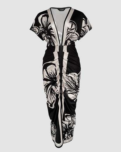 Floral Print Deep V Neck Short Sleeve Ruched Maxi Dress Casual Slit Front Vacation Dress