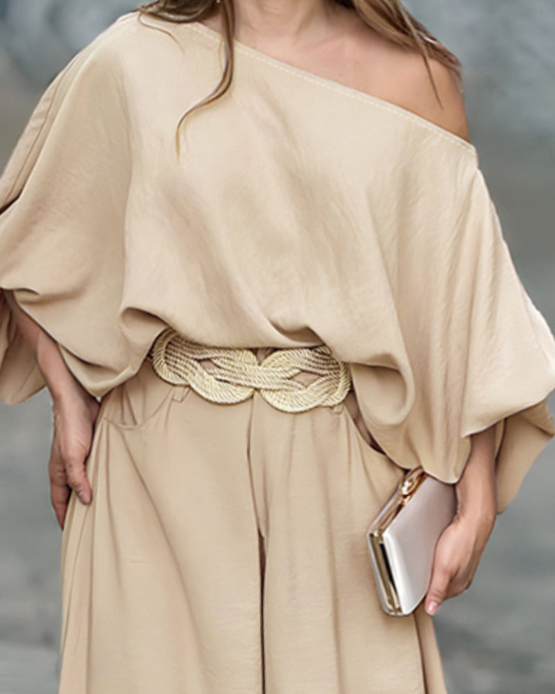 Skew Neck Lantern Sleeve Loose Top & Zipper Fly Wide Leg Pants Set Without Belt