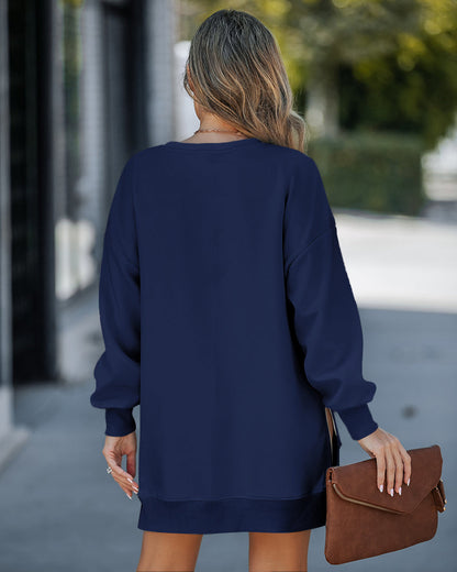 Letter Patch Detail Long Sleeve Drop Shoulder Pullover Sweatshirt Casual Zipper Side Slit Top