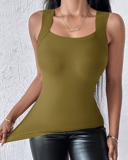 U-Neck Sleeveless Tank Seamless Skinny Layering Top with Built-In Bra