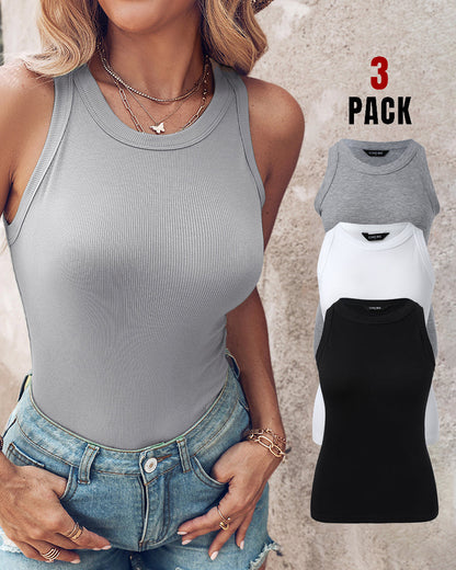 3 Pack Knit Round Neck Thick Strap Racerback Tank Tops(Without Pads)