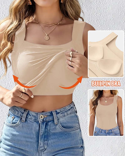 U-Neck Sleeveless Tank Seamless Skinny Layering Top with Built-In Bra