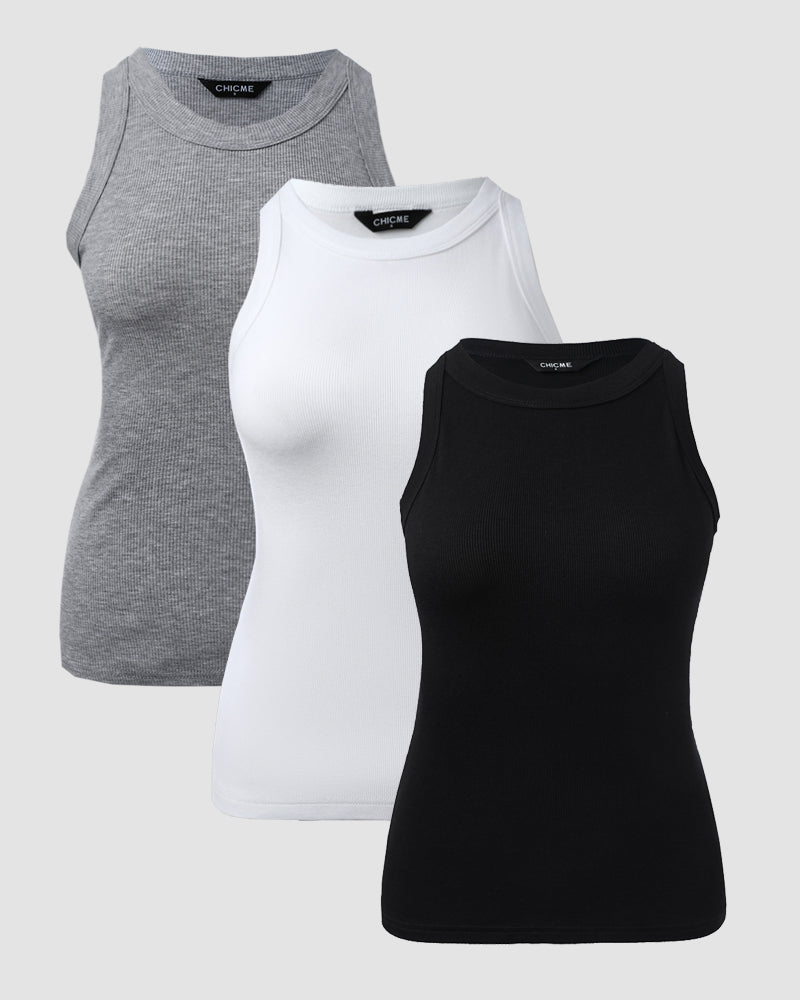 3 Pack Knit Round Neck Thick Strap Racerback Tank Tops(Without Pads)