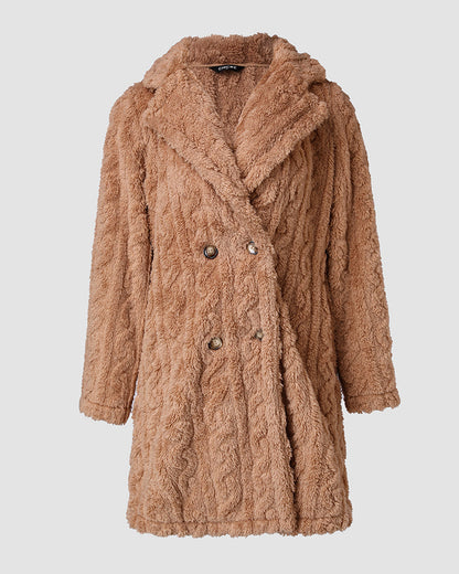 Cable Textured Lapel Neck Button Front Pocket Design Thermal Teddy Coat