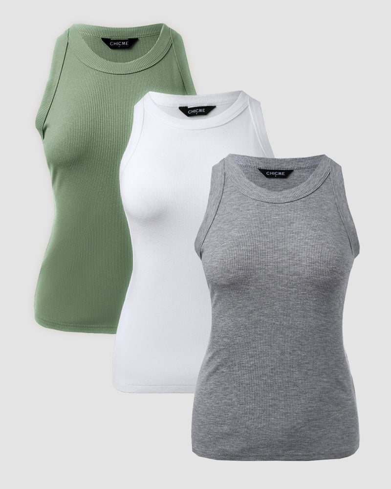 3 Pack Knit Round Neck Thick Strap Racerback Tank Tops(Without Pads)