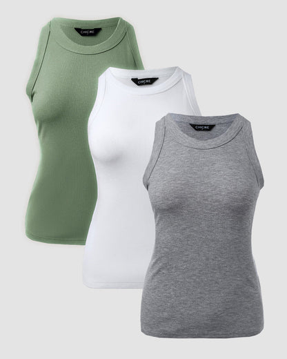 3 Pack Knit Round Neck Thick Strap Racerback Tank Tops(Without Pads)