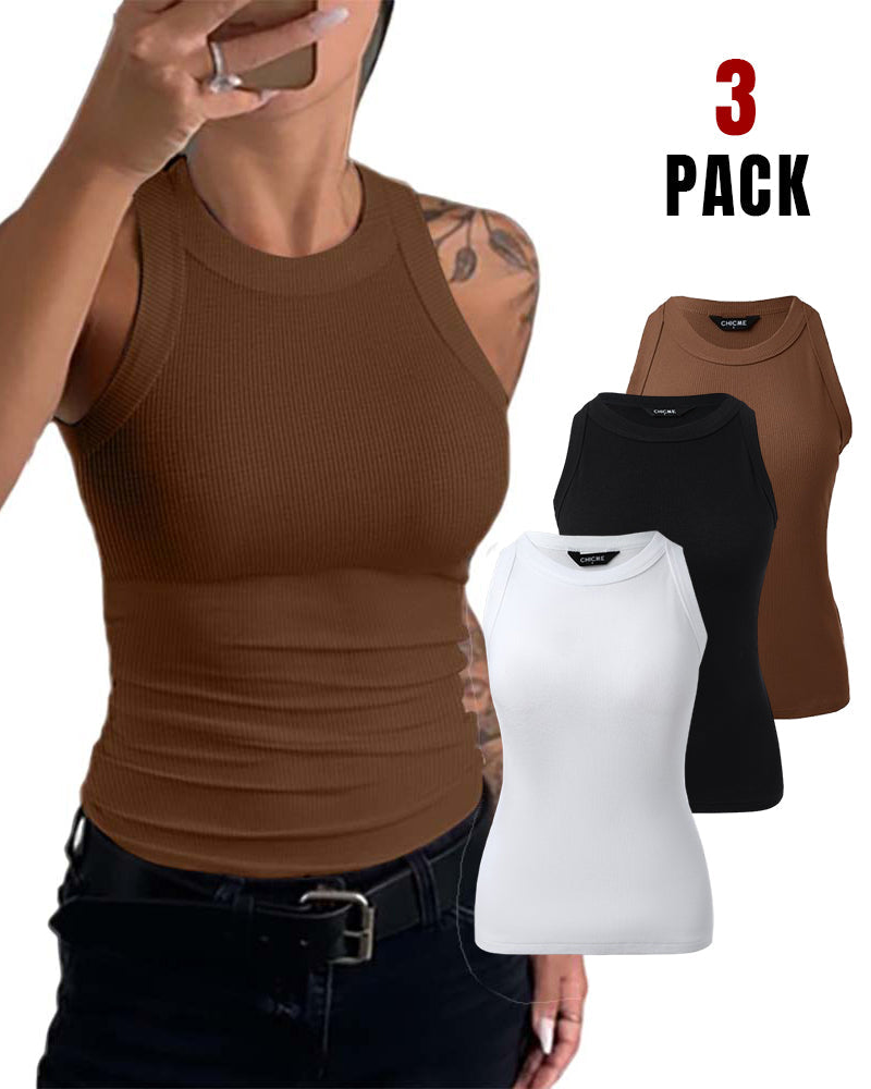 3 Pack Knit Round Neck Thick Strap Racerback Tank Tops(Without Pads)