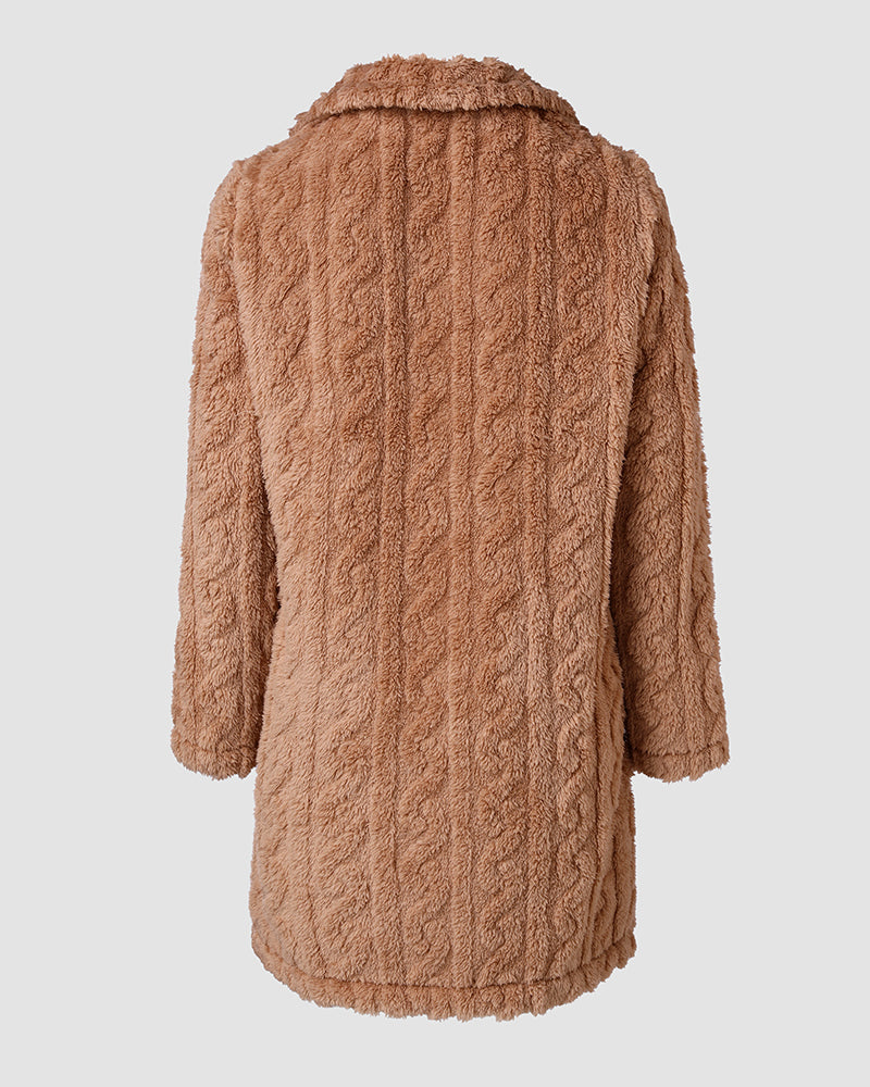Cable Textured Lapel Neck Button Front Pocket Design Thermal Teddy Coat