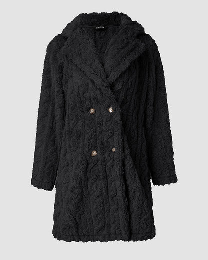 Cable Textured Lapel Neck Button Front Pocket Design Thermal Teddy Coat