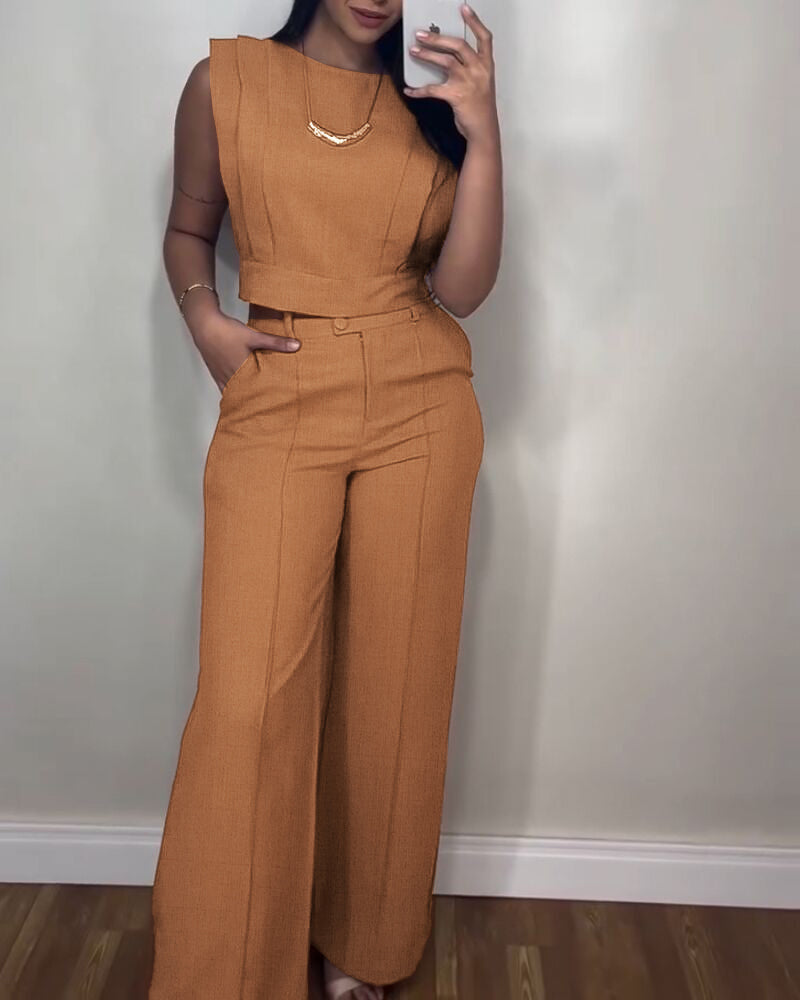 2 Pieces Outfit 3D Cutting Decor Design Cap Sleeve Hollow-out Back Crop Top and Casual Zipper Fly Seam Front Straight Pants Set