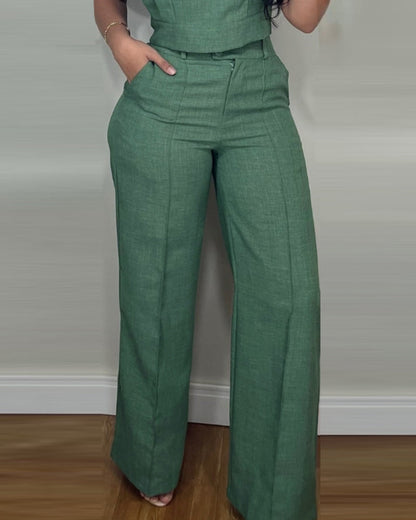 2 Pieces Outfit 3D Cutting Decor Design Cap Sleeve Hollow-out Back Crop Top and Casual Zipper Fly Seam Front Straight Pants Set