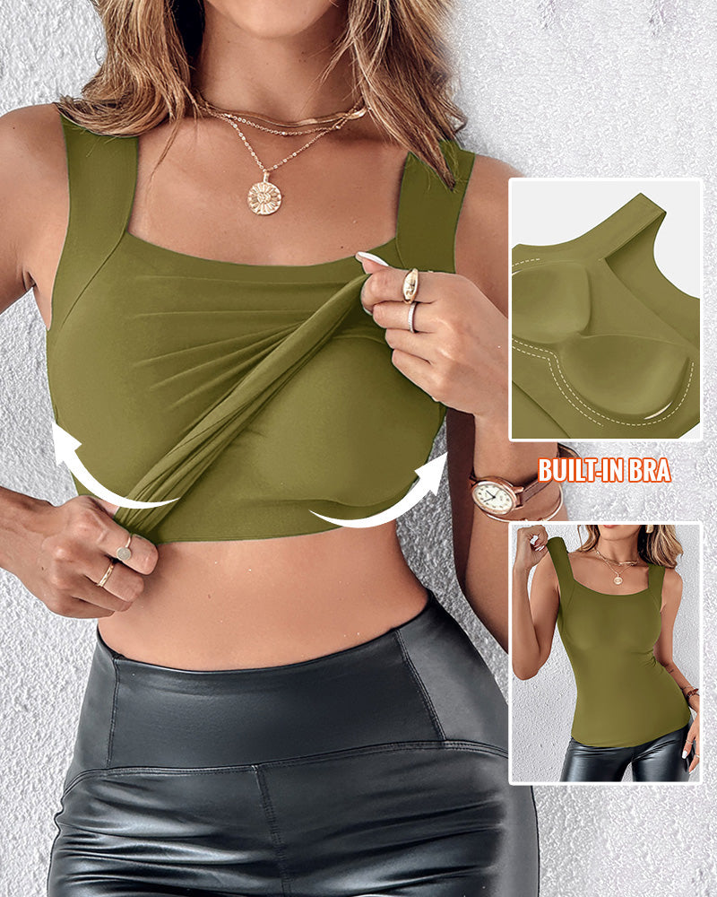 U-Neck Sleeveless Tank Seamless Skinny Layering Top with Built-In Bra