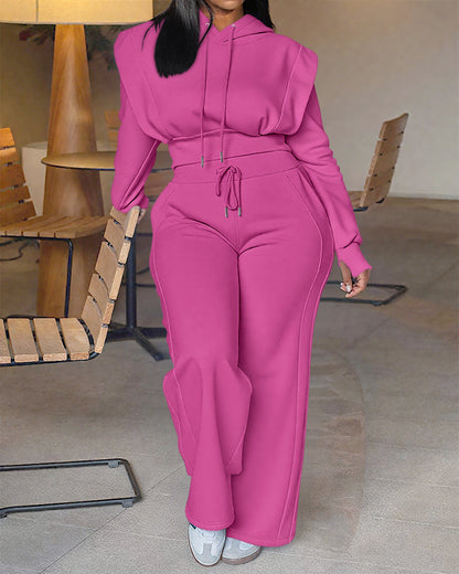 2 Pieces Outfit Long Sleeve Crop Drawstring Hoodie Sweatshirt With Thumb Hole Cuffs And Casual Drawstring Elastic Waist Wide Leg Sweatpants Set