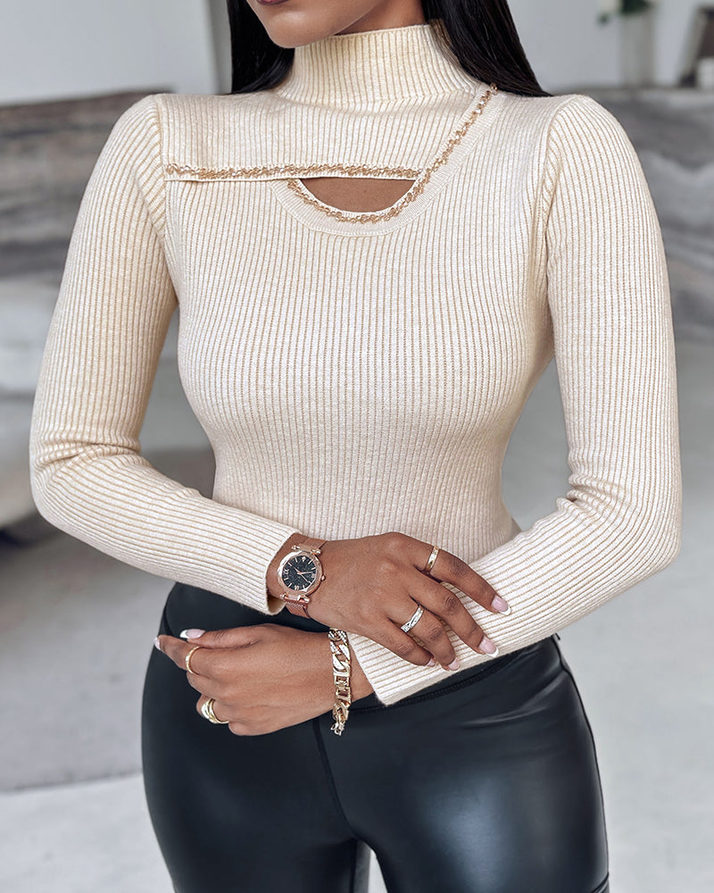 High Neck Long Sleeve Beaded Knit Sweater Hollow-out Fleece Lined Basic Layering Soft Versatile Thermal Top