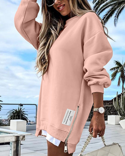 Letter Patch Detail Long Sleeve Drop Shoulder Pullover Sweatshirt Casual Zipper Side Slit Top