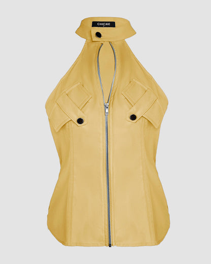 2 Pieces Outfits Sleeveless High Neck Cargo Pockets Design Top And Casual Cuffed Long Pants Set