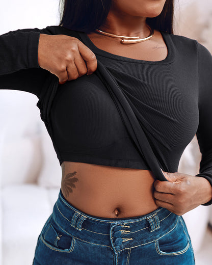 Built In Bra U Neck Tee High Stretchy Knit T-Shirt Long Sleeve Top